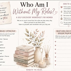May include: A self-discovery worksheet titled Who Am I Without My Roles? featuring sections for roles and reflections. The design includes a stack of books labeled Partner, Mother, Daughter, Professional, and Caregiver, a vase with leaves, a reed diffuser, and a candle.