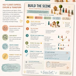 以下が含まれることがあります： ミニチュアを用いた関係性探求ワークシート「Build the Scene」。ステップバイステップのガイド、番号付きセクション、木製のフィギュア、家、木のイラストが描かれており、セラピスト、カウンセラー、教育者向けに設計されています。