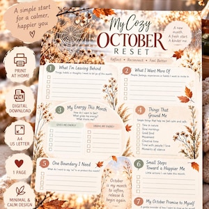 May include: An October self-care worksheet titled My Cozy October Reset with seven numbered sections for reflection, including prompts for habits to leave behind, energy levels, boundaries, and goals, decorated with autumn leaves and floral illustrations.