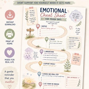 May include: An Emotional Cheat Sheet for tough days, a printable document featuring a winding path with six numbered steps for self-reflection. The design includes soft pastel illustrations, hearts, and text prompts to guide users through emotional support.