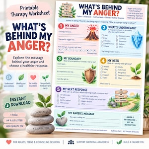 May include: A printable therapy worksheet titled What's Behind My Anger, featuring five sections to explore emotions, triggers, boundaries, and needs. The document includes illustrations of a volcano, an iceberg, a shield, and a path with signs.