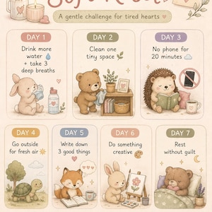 May include: A 7-day soft reset challenge chart featuring illustrations of animals performing daily tasks. Text includes '7 DAY Soft Reset', 'A gentle challenge for tired hearts', 'small steps every day', and daily prompts from Day 1 to Day 7.