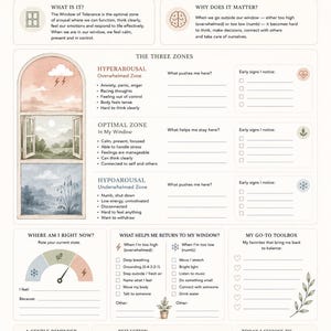 May include: An educational worksheet titled The Window of Tolerance, featuring sections on nervous system regulation, three arousal zones, a self-assessment gauge, and reflection prompts. The design includes soft botanical illustrations and text.