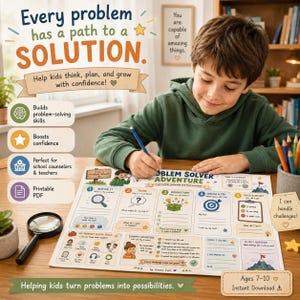 以下が含まれることがあります： 問題解決のための5つのステップが記載された「Problem Solver Adventure」ワークシート。観察、思考、ブレインストーミング、選択、振り返りのセクションがあり、木製のテーブルの上に虫眼鏡と青い鉛筆が置かれています。