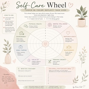 May include: A Self-Care Wheel worksheet with a central circular diagram divided into eight sections including physical health, mental well-being, and relationships. The page features instructions, a reflection area, and botanical illustrations in soft pastel tones.