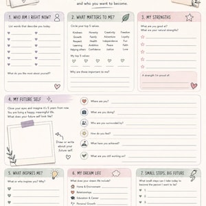 May include: A self-reflection worksheet titled Who Am I Becoming? for ages 13-17. The document features seven sections with prompts for personal growth, including lists, checkboxes, and space for writing, decorated with small hearts, stars, and leaves.