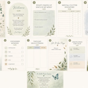 May include: A Mental Clutter Cleanse workbook featuring eleven pages with soft watercolor illustrations of butterflies and leaves. Each page includes prompts for mental organization, including sections for brain dumps, thought decluttering, and fresh starts.