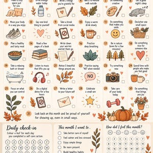 May include: An October self-care challenge calendar with 31 numbered daily tasks, illustrated with autumn leaves, pumpkins, and a cat. The page includes sections for daily check-ins, monthly goals, mood tracking, and notes, all in a warm, neutral color palette.
