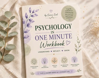 May include: A softcover workbook titled Psychology in One Minute Workbook by Emma Evel. The cover features purple watercolor leaves, a green circular badge, and five icons representing evidence-based insights, simple explanations, and practical tools.