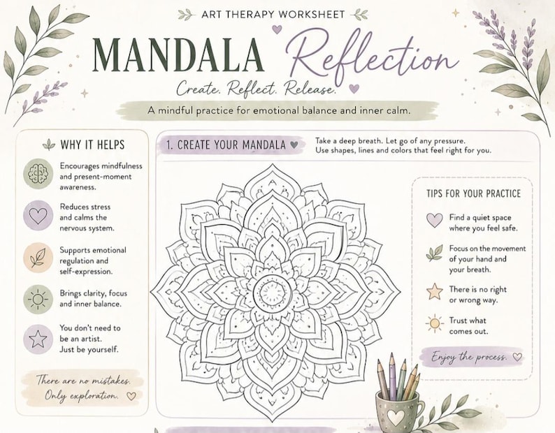 Puede incluir: Una hoja de trabajo de arteterapia titulada Mandala Reflection con el subt&iacute;tulo Create, Reflect, Release. La p&aacute;gina presenta un dibujo lineal de un mandala central, secciones que explican su utilidad, consejos y una taza con l&aacute;pices de colores.