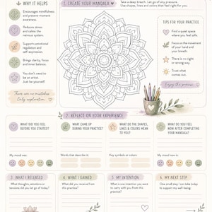 May include: An art therapy worksheet titled Mandala Reflection with a central mandala line drawing, sections for mindfulness practice, reflection prompts, mood trackers, and daily reminders, decorated with botanical illustrations and colored pencils.