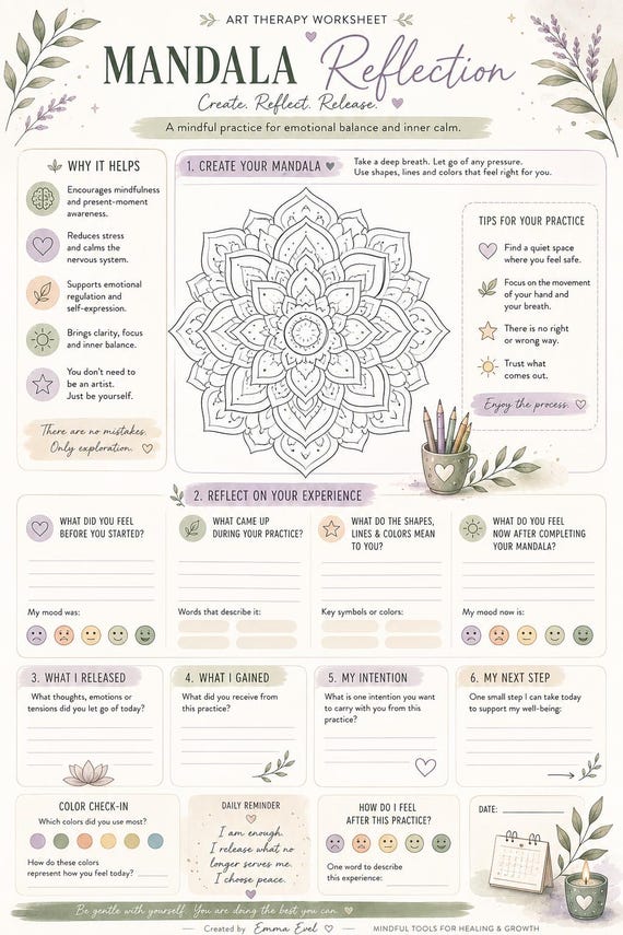 Mandala Reflection Worksheet | Art Therapy Printable | Mindfulness Activity | Anxiety Relief Coloring Page | Therapy Worksheet | Digital Dow