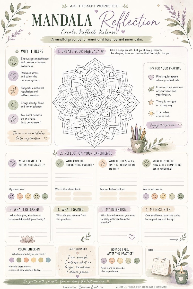 Puede incluir: Una hoja de trabajo de arteterapia titulada Mandala Reflection con un dibujo lineal de un mandala central, secciones para la pr&aacute;ctica de la atenci&oacute;n plena, preguntas de reflexi&oacute;n, rastreadores de estado de &aacute;nimo y recordatorios, decorada con ilustraciones bot&aacute;nicas.