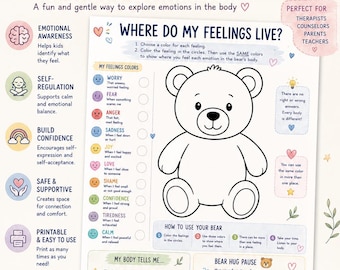 Wo wohnen meine Gefühle? Arbeitsblatt zu Gefühlen für Kinder, Körperwahrnehmung, Emotionsregulation, Therapieübung, Druckvorlage für Therapeuten