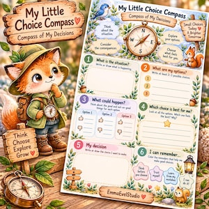 Könnte beinhalten: Ein My Little Choice Compass Arbeitsblatt mit einem Fuchs in Hut und Rucksack. Die Seite enthält sechs nummerierte Abschnitte zur Entscheidungsfindung sowie Illustrationen eines blauen Vogels, eines Eichhörnchens, eines Kompasses und einer Laterne.