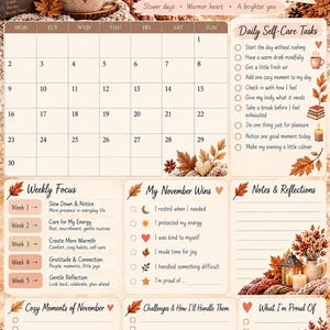 May include: A November 2026 wellness plan calendar featuring a monthly grid, daily self-care tasks, weekly focus sections, and reflection prompts. The design includes autumn leaves, a mug with marshmallows, and a sleeping cat illustration.