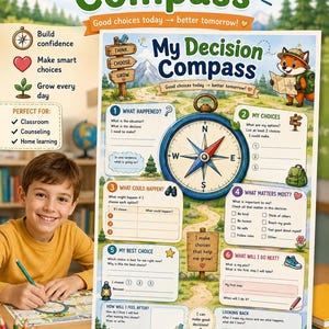 Op de afbeelding: Een printbaar werkblad getiteld My Decision Compass voor kinderen van 7-10 jaar. Het document bevat een centrale kompasafbeelding en zes genummerde secties voor besluitvormingsstappen, waaronder What Happened, My Choices, What Could Happen, What Matters Most, My Best Choice en What Will I Do Next, met illustraties van een vos, bergen en bomen.