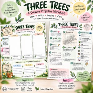 Op de afbeelding: Een tweezijdig printbaar werkblad getiteld Three Trees, A Creative Projective Worksheet. Pagina één bevat tekenvakken voor drie bomen en reflectievragen. Pagina twee is een handleiding voor de behandelaar met instructies, vragen en observatiepunten voor het verkennen van familierelaties door middel van symbolische tekeningen.