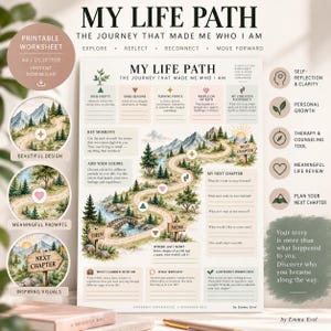 May include: A printable My Life Path worksheet featuring a winding mountain trail illustration with sections for reflection, including High Points, Hard Seasons, Turning Points, People on My Path, My Strength Footprints, and My Next Chapter prompts.