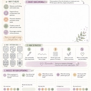 May include: A Zentangle practice art therapy worksheet featuring sections for pattern drawing, instructions, reflection questions, mood trackers, and intention setting. The document includes floral illustrations and text in a soft purple and green color palette.