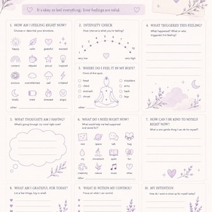 May include: A light purple and white emotional check-in worksheet featuring eleven sections for self-reflection. The page includes prompts for feelings, intensity, body sensations, triggers, thoughts, needs, self-kindness, gratitude, control, and intentions.
