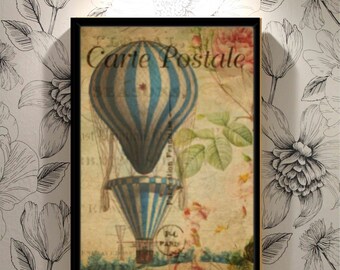 16x20 Gallery Wrapped Canvas - Hot Air Balloon Carte Postale Antique French Post Card