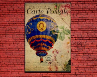 16x24 Gallery Wrapped Canvas - Hot Air Balloon Carte Postale Antique French Post Card