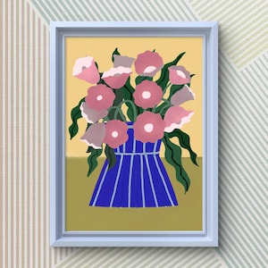 Tulips in Blue Striped Vase Illustration – Contemporary Floral Art Print