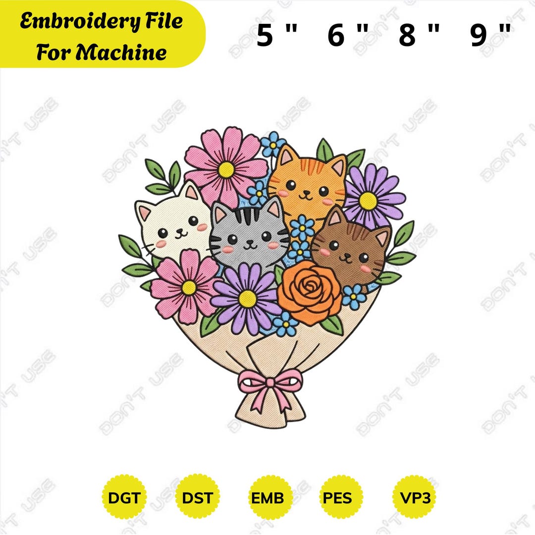 Cat Flower Bouquet Embroidery File Cute Kitten Floral Arrangement ...
