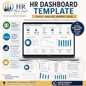 Könnte beinhalten: Eine HR-Dashboard-Vorlage auf einem Laptop-Bildschirm und in gedruckten Dokumenten. Die Benutzeroberfläche zeigt Kennzahlen wie Personalbestand, Fluktuationsrate und Überstunden für Mai 2025. Enthält Excel- und Canva-Versionen.