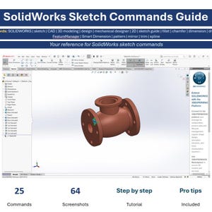 May include: A SolidWorks Sketch Commands Guide featuring a software interface screenshot of a 3D copper-coloured pipe fitting model. The document includes 25 commands, 64 screenshots, step-by-step tutorials, and pro tips for 3D modelling and CAD design.