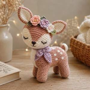 Puede incluir: Figura de ciervo de ganchillo en tonos rosa, blanco y marrón. El ciervo tiene una corona floral, una bufanda lavanda y manchas blancas. El ciervo mide aproximadamente 15 cm de altura.