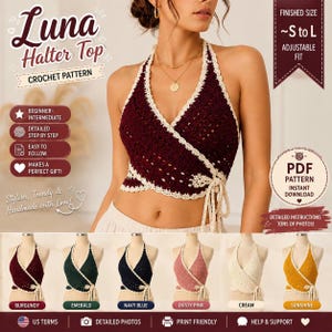 Patroon gehaakte crop top met omslag | Boho strikhalster aan zijkant (pdf-download)