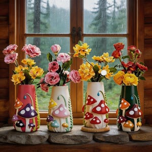 May include: Four decorative mushroom-themed vases filled with colorful flowers sit on a stone ledge in front of a window. The vases are red, cream, and green, adorned with whimsical mushroom designs in various colors. The flowers include pink, yellow, and red roses.