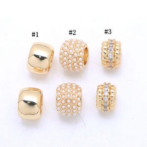 5pcs 18K Gold Plated Cz Zircon Pearl Paved Round Spacer Beads, Big Hole Spacer beads,Charm Bracelet Necklace for DIY Jewelry Making Supply