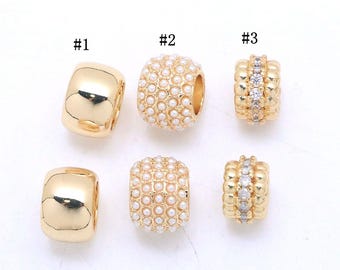 5pcs 18K Gold Plated Cz Zircon Pearl Paved Round Spacer Beads, Big Hole Spacer beads,Charm Bracelet Necklace for DIY Jewelry Making Supply