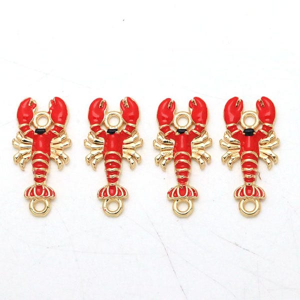 2pcs 18K Gold Filled Cute Lobster Pendant,Red Enamel Lobster Connector Charm,Ocean Beach Bracelet Necklace for DIY Jewelry Making Supply