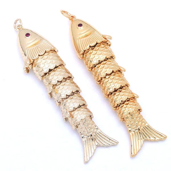 2pcs 18K Gold Plated Articulated Fish Charm, Big Fish Pendant, Carp Charm for Jewelry Making, DIY Necklace Supply, Lucky Gold Fish Charm