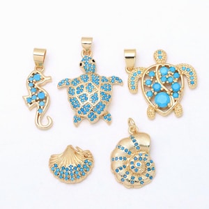 2pcs Gold Plated Sea Turtle Seahorse Shell Conch Pendant, Blue Turquoise Charms,DIY Summer Beach Bracelet Necklace Jewelry Making Supplies