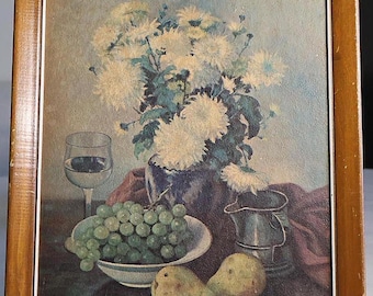 Litografía vintage de Henk Bos, estilo bodegón de mediados de siglo, con flores y uvas, enmarcada, década de 1960.
