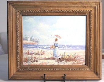 Pintura a óleo vintage de Theroux – Cena de praia eduardiana dos anos 1970 com senhora e guarda-sol, arte de parede costeira emoldurada