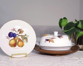 Juego de mantequera y plato de postre vintage Royal Worcester Evesham Gold, plato de ensalada de 21 cm (8,25") con diseño de pera y ciruela, fabricado en Inglaterra.