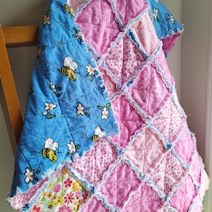 Blush Pink and Blue Bumble Bee and Flowers Flannel Cotton Baby Rag Quilt