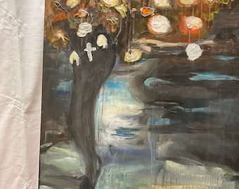 May include: Abstract painting on canvas with a dark, swirling vortex in the center, surrounded by a field of white and orange circles. The background is a dark blue with hints of green and yellow. The painting is signed "C. Weslow" in the lower right corner.