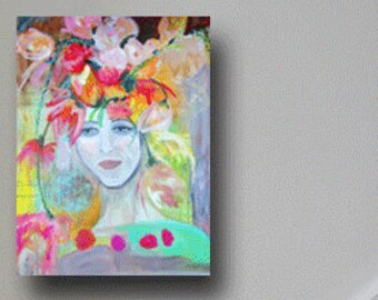 Abstract portrait with a colorful crown of flowers on a girls head by Cheryl Wasilow