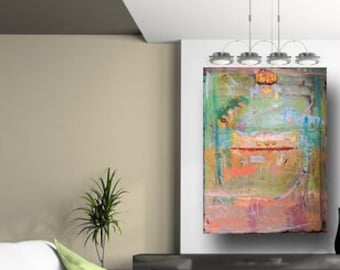 Impasto painting, original abstract, large wall art, green and blue art,  pink and orange artwork, mixed media, Cheryl Wasilow