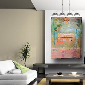 Impasto painting, original abstract, large wall art, green and blue art,  pink and orange artwork, mixed media, Cheryl Wasilow