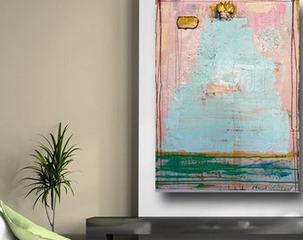 Mixed media contemporary abstract wall art original painting 36 x 48 pink, blue and metallic gold by Cheryl Wasilow