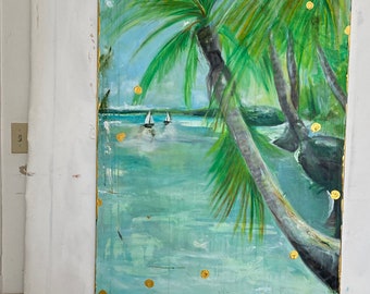 May include: A painting of a tropical scene with palm trees and sailboats in the distance. The painting is done in a loose, impressionistic style with a lot of texture. The colors are bright and vibrant, with shades of green, blue, and gold.