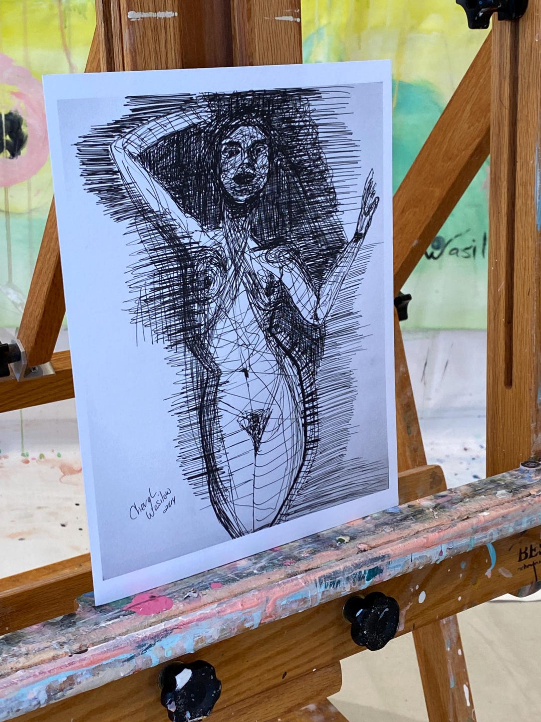 Pen and ink drawing print of woman without clothing, drawing of female ...